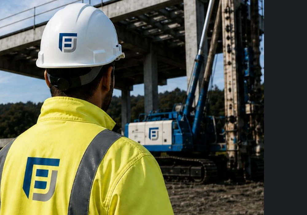 Engineering Indesign engineer reviewing an active foundation construction site